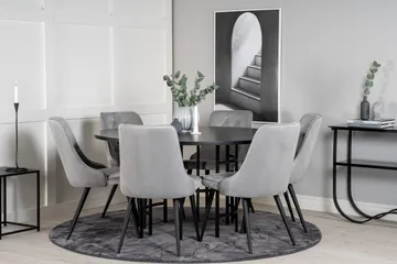 Ruokailuryhmä Möbelfashion Copenhagen-ruokailuryhmä 140 cm, pyöreä, 6 Velvet Deluxe -tuolilla Musta/Vaaleanharmaa - Huonekalut - Pöytä & ruokailuryhmä - Ruokailuryhmä