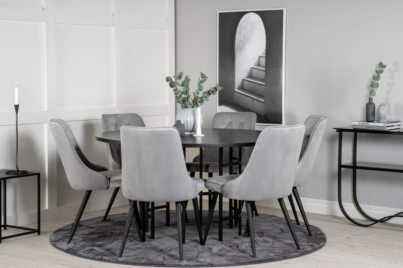 Ruokailuryhmä Möbelfashion Copenhagen-ruokailuryhmä 140 cm, pyöreä, 6 Velvet Deluxe -tuolilla Musta/Vaaleanharmaa - Huonekalut - Pöytä & ruokailuryhmä - Ruokailuryhmä