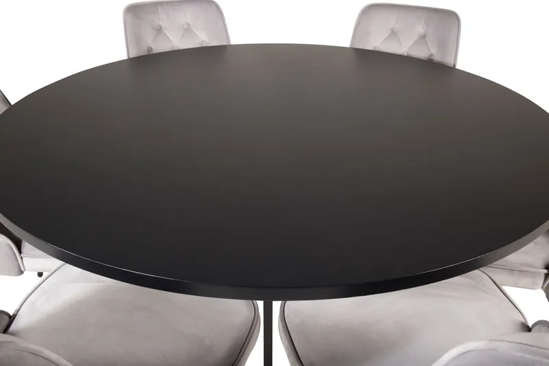 Ruokailuryhmä Möbelfashion Copenhagen-ruokailuryhmä 140 cm, pyöreä, 6 Velvet Deluxe -tuolilla Musta/Vaaleanharmaa - Huonekalut - Pöytä & ruokailuryhmä - Ruokailuryhmä