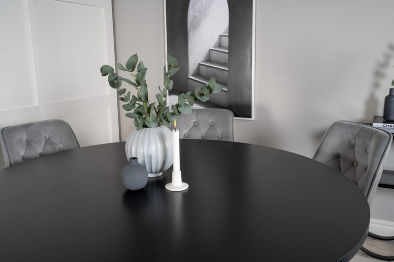 Ruokailuryhmä Möbelfashion Copenhagen-ruokailuryhmä 140 cm, pyöreä, 6 Velvet Deluxe -tuolilla Musta/Vaaleanharmaa - Huonekalut - Pöytä & ruokailuryhmä - Ruokailuryhmä