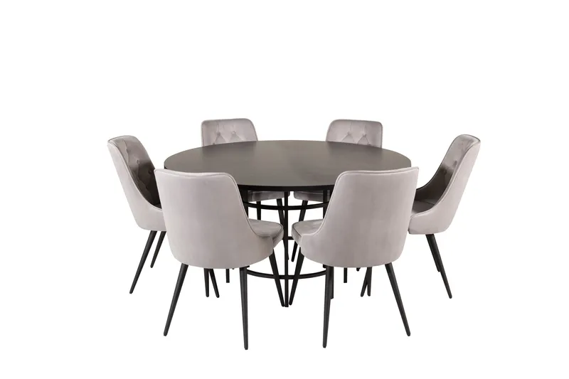 Ruokailuryhmä Möbelfashion Copenhagen-ruokailuryhmä 140 cm, pyöreä, 6 Velvet Deluxe -tuolilla Musta/Vaaleanharmaa, undefined