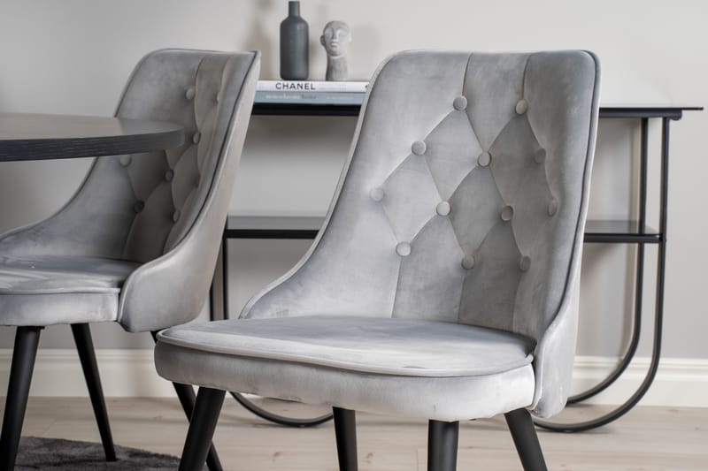 Ruokailuryhmä Möbelfashion Copenhagen-ruokailuryhmä 140 cm, pyöreä, 6 Velvet Deluxe -tuolilla Musta/Vaaleanharmaa - Huonekalut - Pöytä & ruokailuryhmä - Ruokailuryhmä