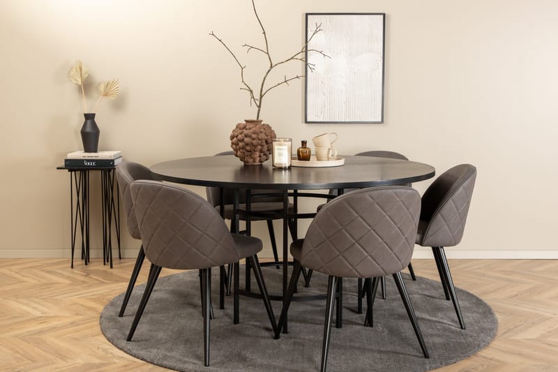 Ruokailuryhmä Möbelfashion Copenhagen-ruokailuryhmä 140 cm, pyöreä, 6 Velvet-tuolilla Musta/harmaa - Huonekalut - Pöytä & ruokailuryhmä - Ruokailuryhmä
