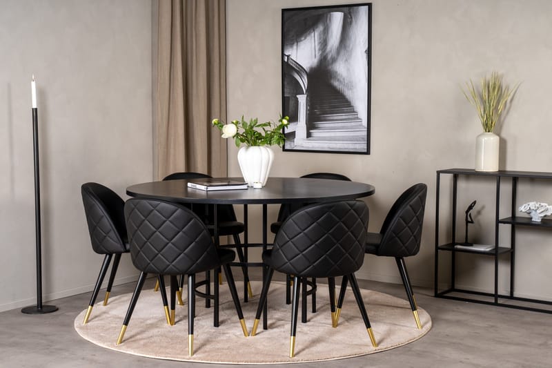 Ruokailuryhmä Möbelfashion Copenhagen-ruokailuryhmä 140 cm, pyöreä, 6 Velvet-tuolilla Musta/KULTA - Huonekalut - Pöytä & ruokailuryhmä - Ruokailuryhmä