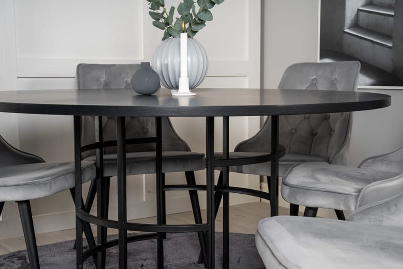 Ruokailuryhmä Möbelfashion Copenhagen-ruokailuryhmä 140 cm, pyöreä, 6 Velvet Deluxe -tuolilla Musta/Vaaleanharmaa - Huonekalut - Pöytä & ruokailuryhmä - Ruokailuryhmä