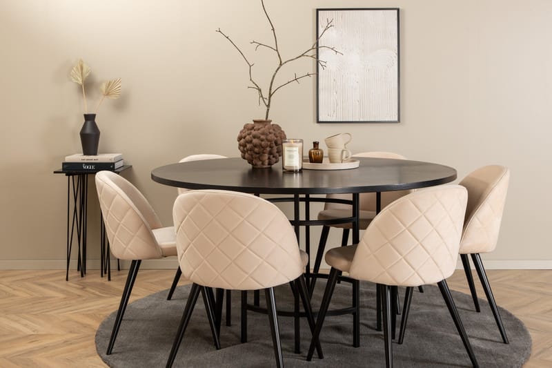 Ruokailuryhmä Möbelfashion Copenhagen-ruokailuryhmä 140 cm, pyöreä, 6 Velvet-tuolilla Beige/musta2 - Huonekalut - Pöytä & ruokailuryhmä - Ruokailuryhmä