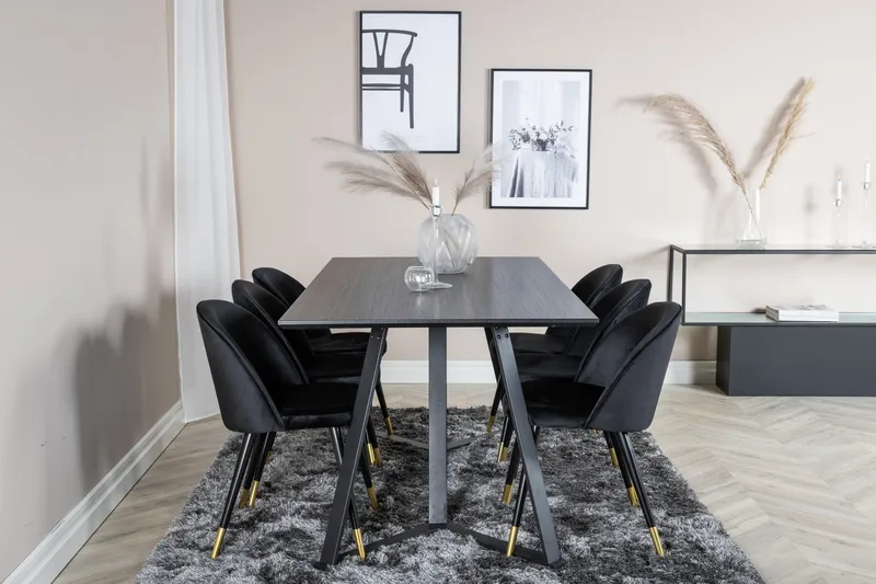 Ruokailuryhmä Marina 180 cm Suorakulmainen 6 Velvet Tuolia - Musta/Kulta - Huonekalut - Pöytä & ruokailuryhmä - Ruokailuryhmä