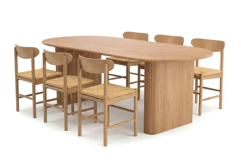 Noira-jatkettava ruokailuryhmä 160–220 cm tammea, 6 Malte-ruokatuolia