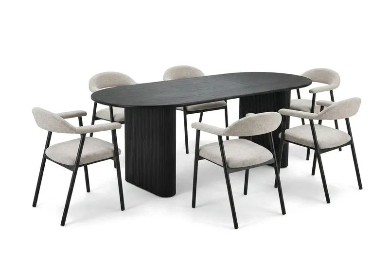 Noira-ruokailuryhmä 160–220 cm, jatkettava, musta, 6 Ronja-ruokatuolia, Beige/musta