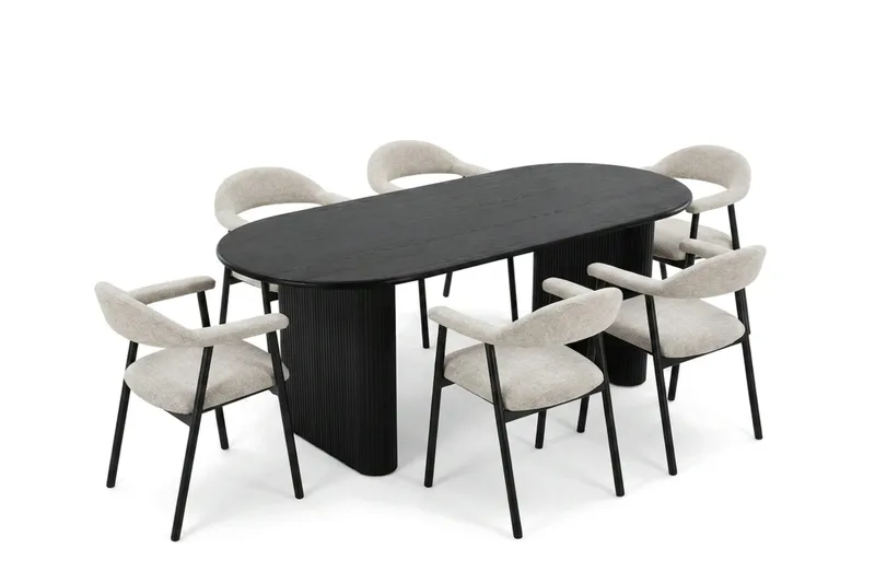 Noira-ruokailuryhmä 180 cm, suorakulmainen, musta, 6 Ronja-ruokatuolia, Beige/musta