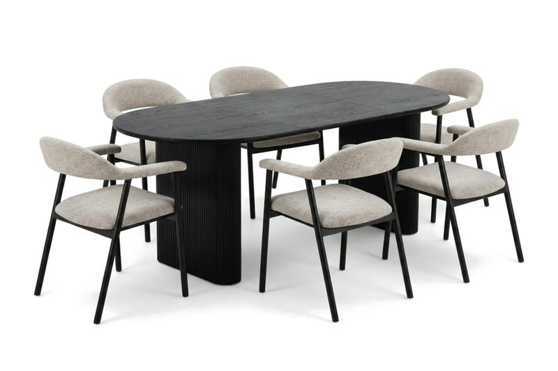 Noira-ruokailuryhmä 220–320 cm, jatkettava, musta, 6 Ronja-ruokatuolia, Beige/musta