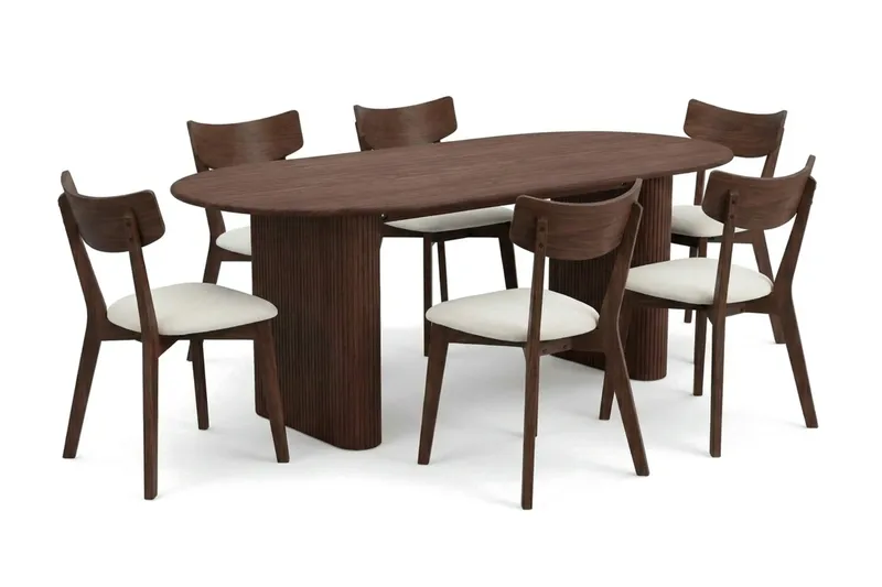 Noira-ruokailuryhmä 220 cm suorakulmainen pähkinä, 6 Amelia-ruokatuolia pehmusteella, Pähkinä/Beige