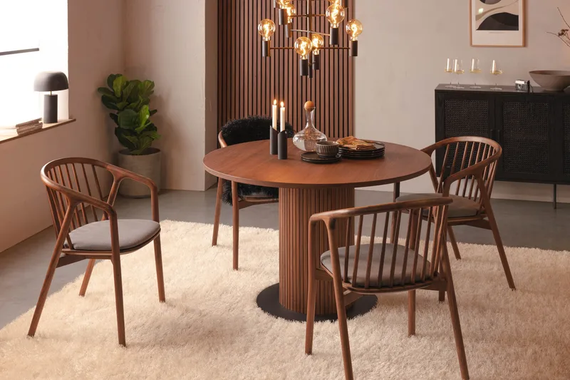 Noira Ruokaryhmä 120 cm Pyöreä Ruokapöytä 4 Noira Tuolia - Pähkinä - Huonekalut - Pöytä & ruokailuryhmä - Ruokailuryhmä