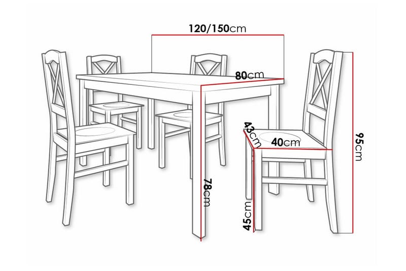 Patrickswell suorakulmainen jatkettava ruokailuryhmä 120–150 cm – Tammen näköinen ruokapöytä ja 4 puista ruokatuolia ristikkoselkänojalla - Musta|Ruskea - Huonekalut - Pöytä & ruokailuryhmä - Ruokailuryhmä