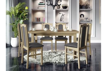 Patrickswell suorakulmainen jatkettava ruokailuryhmä 140–180 cm – Ruokapöytä ja 6 puista ruokatuolia verhoillulla selkänojalla - Luonnonväri|Tummanharmaa - Huonekalut - Pöytä & ruokailuryhmä - Ruokailuryhmä