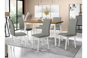 Patrickswell suorakulmainen jatkettava ruokailuryhmä 140–180 cm – Tammen näköinen ruokapöytä ja 6 verhoiltua ruokatuolia suorilla jaloilla - Valkoinen|Vaaleanharmaa|Ruskea - Huonekalut - Pöytä & ruokailuryhmä - Ruokailuryhmä