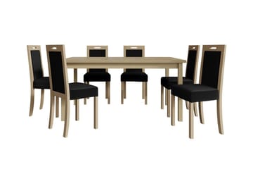 Patrickswell suorakulmainen jatkettava ruokailuryhmä 160–200 cm – Ruokapöytä ja 6 puista ruokatuolia verhoillulla selkänojalla - Luonnonväri|Musta - Huonekalut - Pöytä & ruokailuryhmä - Ruokailuryhmä