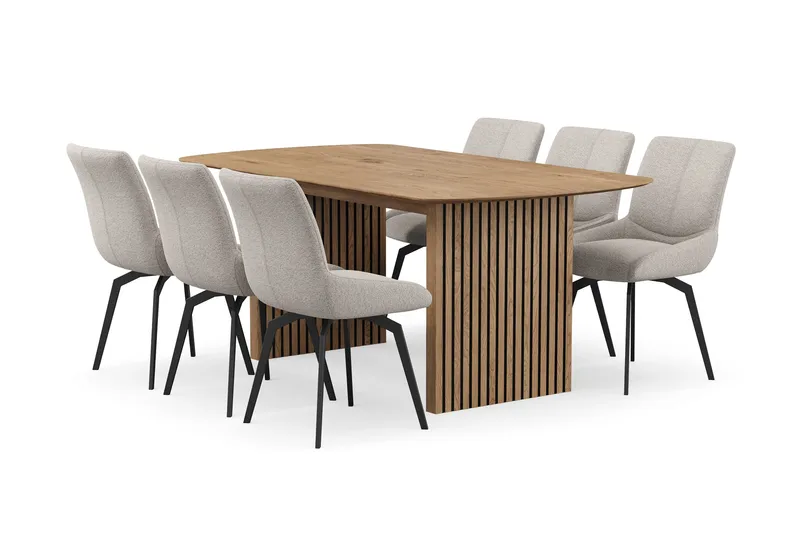 Richeto-ruokailuryhmä 180 cm ja 6 Mora-pyörivää tuolia, Luonnollinen viimeistely / tummanbeige