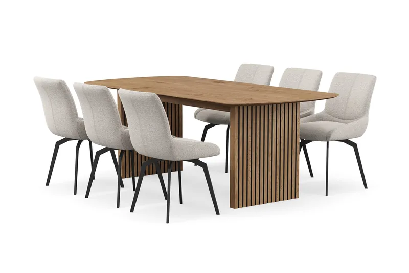 Richeto-ruokailuryhmä 210 cm ja 6 Mora-pyörivää tuolia, Luonnollinen viimeistely / tummanbeige