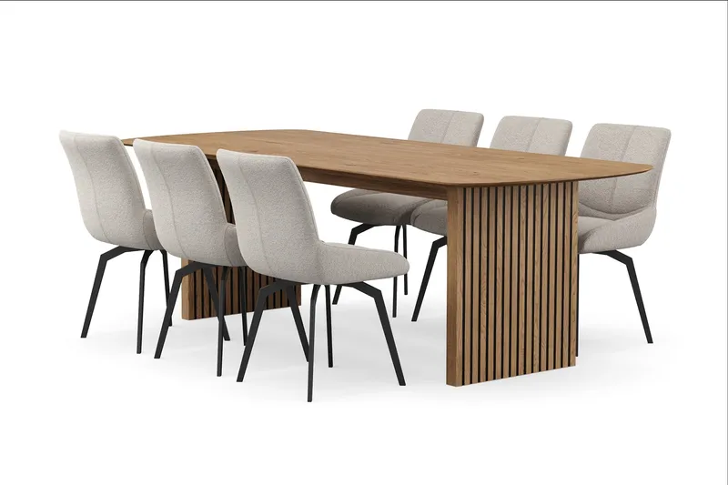 Richeto-ruokailuryhmä 240 cm ja 6 Mora-pyörivää tuolia, Luonnollinen viimeistely / tummanbeige