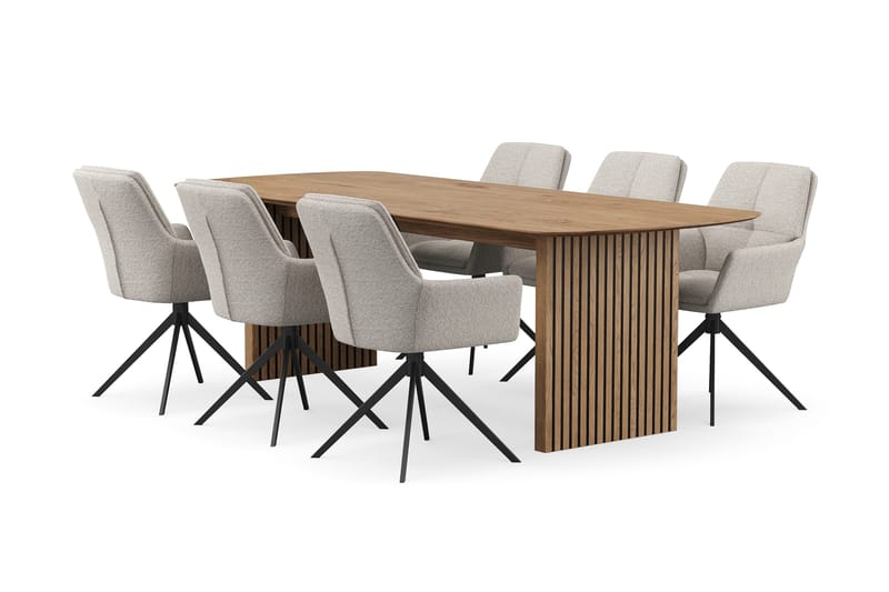 Richeto-ruokailuryhmä 240 cm ja 6 Torsby-pyörivää tuolia, Luonnollinen viimeistely / tummanbeige