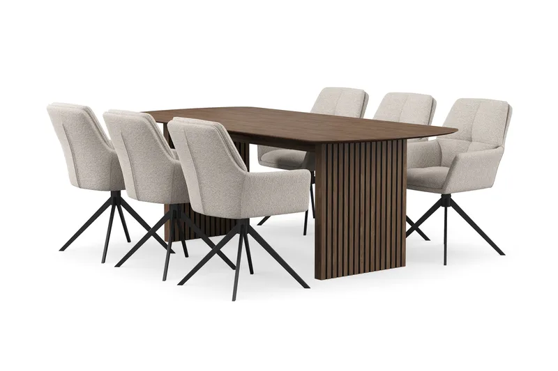 Richeto-ruokailuryhmä savutammea 210 cm ja 6 Torsby-pyörivää tuolia, Savustettu tammi / tummanbeige