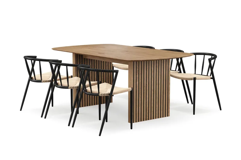 Richeto-ruokapöytä 180 cm ja 6 Winston-ruokatuolia, Luonnollinen viimeistely / Beige / metallijalat, musta