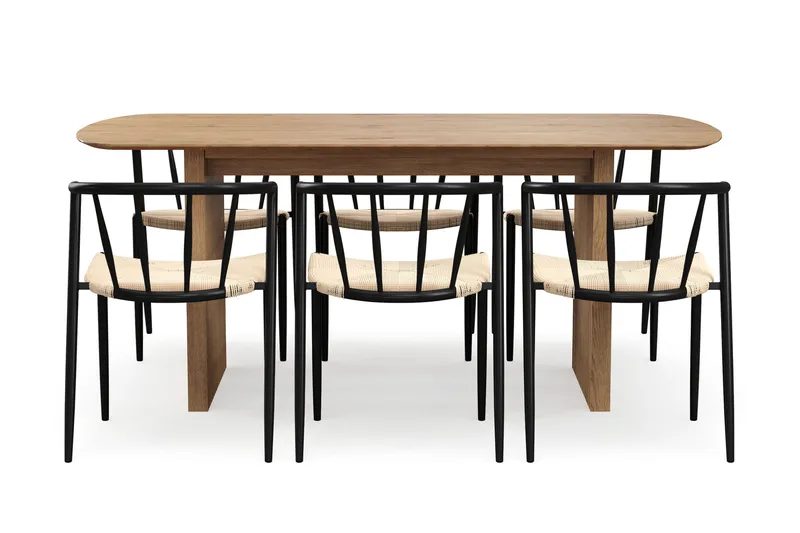 Richeto-ruokapöytä 180 cm ja 6 Winston-ruokatuolia - Luonnollinen viimeistely / Beige / metallijalat, musta - Huonekalut - Pöytä & ruokailuryhmä - Ruokailuryhmä