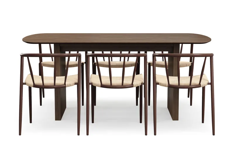Richeto-ruokapöytä 180 cm ja 6 Winston-ruokatuolia - Savustettu tammi / Beige / Metallijalat savustettu tammi - Huonekalut - Pöytä & ruokailuryhmä - Ruokailuryhmä