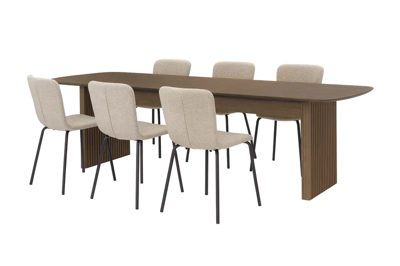 Richeto-ruokapöytä 210 cm ja 6 Katy-ruokatuolia, Savustettu tammi / Greige-bouclé