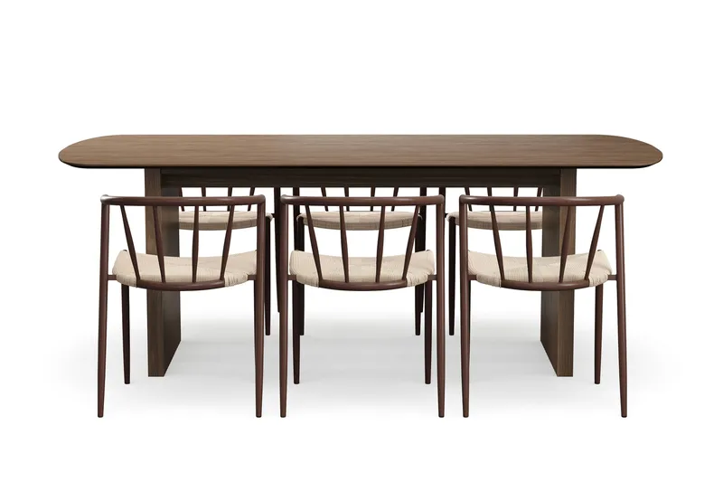 Richeto-ruokapöytä 210 cm ja 6 Winston-ruokatuolia - Savustettu tammi / Beige / Metallijalat savustettu tammi - Huonekalut - Pöytä & ruokailuryhmä - Ruokailuryhmä