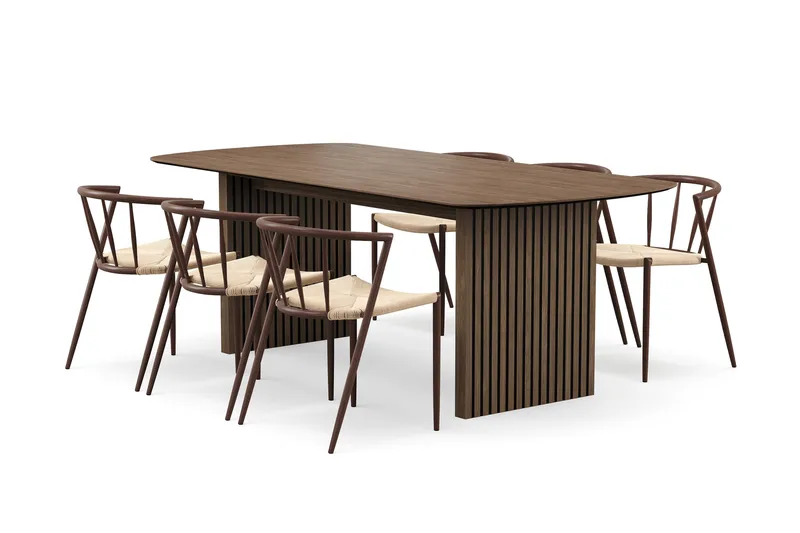 Richeto-ruokapöytä 210 cm ja 6 Winston-ruokatuolia, Savustettu tammi / Beige / Metallijalat savustettu tammi