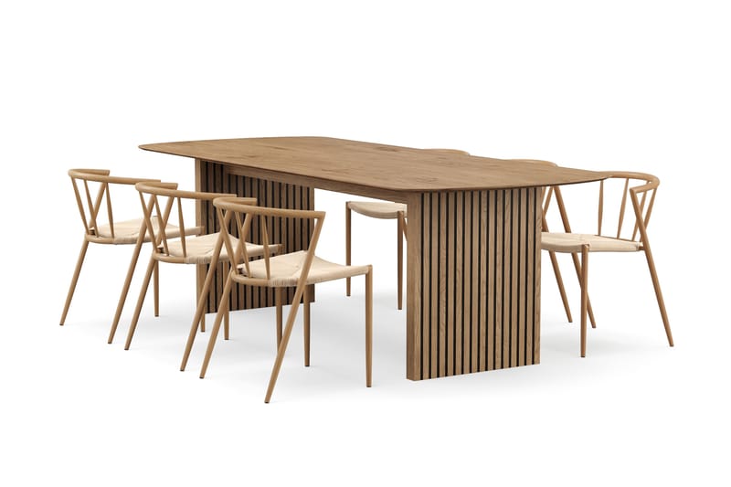 Richeto-ruokapöytä 240 cm ja 6 Winston-ruokatuolia, Luonnollinen viimeistely / Beige / Metallijalat tammi