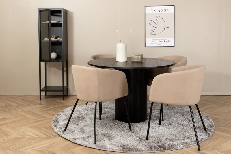 Ruokailuryhmä Cinaba 110 cm Pyöreä sis. 4 Beraid tuolia, Musta/Beige
