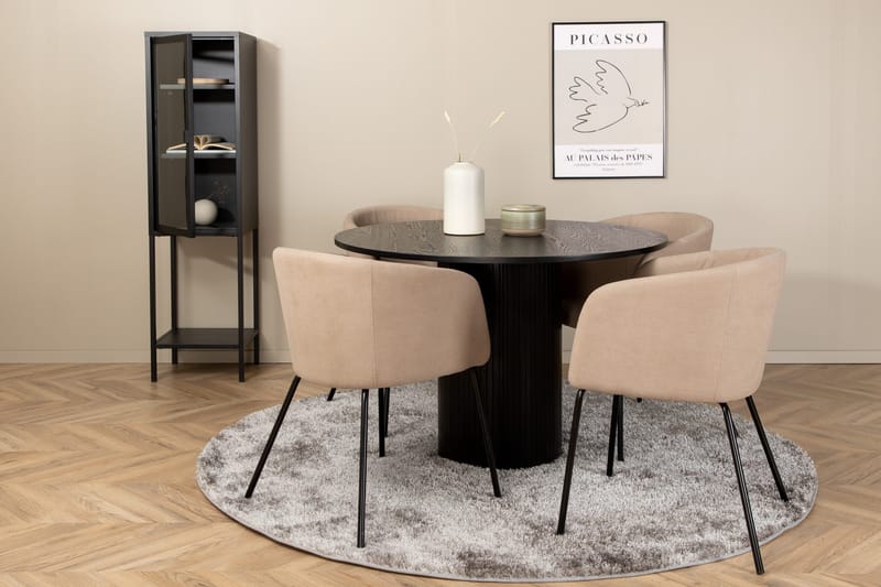 Ruokailuryhmä Cinaba 110 cm Pyöreä sis. 4 Beraid tuolia, Musta/Beige