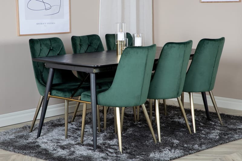 Ruokailuryhmä Deniall Jatkettava 180cm 6 Luisa Lyx tuolia - Musta/Tummanvihreä/Kulta - Huonekalut - Pöytä & ruokailuryhmä - Ruokailuryhmä