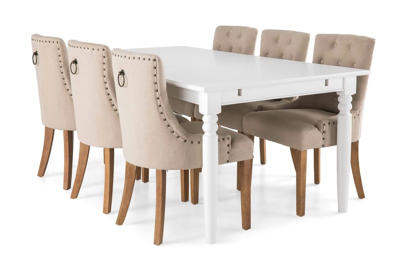 Ruokailuryhmä Hampton 190 cm 6 Ophelia ruokatuolia - Valkoinen/Beige/Puu - Huonekalut - Pöytä & ruokailuryhmä - Ruokailuryhmä