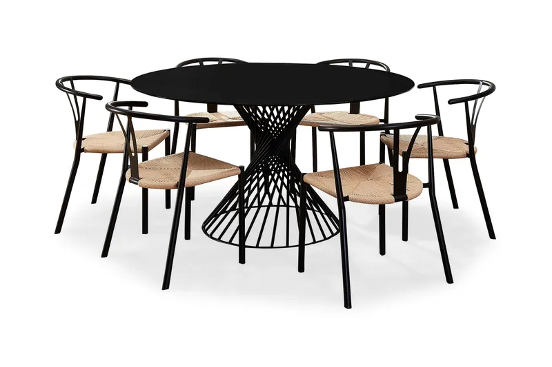 Ruokailuryhmä Jada 140 cm Pyöreä Lasi 6 Tarnia tuolia, Musta/Luonnonrottinki