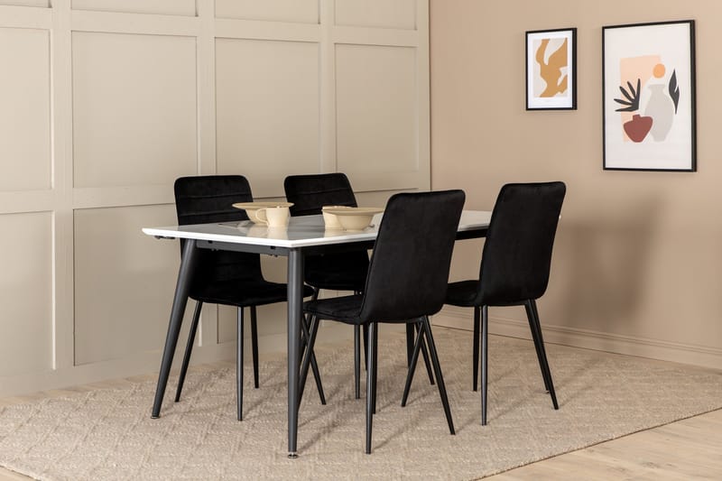 Ruokailuryhmä Jyma Jatkettava 150 cm sis 4 Donmon tuolia, Valkoinen/Musta/Sametti