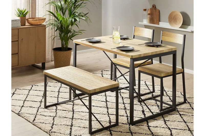 Ruokailuryhmä Kersal 110 cm 2 tuolia + penkki - Vaaleanruskea / musta - Huonekalut - Pöytä & ruokailuryhmä - Ruokailuryhmä