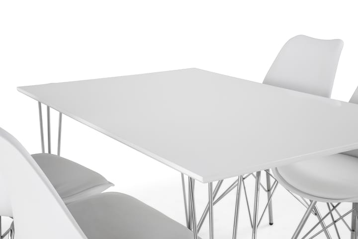 Ruokailuryhmä Kranstull 120 cm 4 Scale tuolia - Valkoinen/Kromi/Valkoinen PU - Ruokailuryhmä