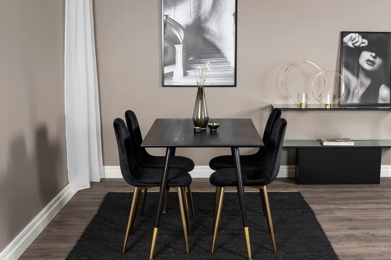 Ruokailuryhmä Larrinzar 120 cm 4 Tommy samettituolia - Musta/Messinki - Huonekalut - Pöytä & ruokailuryhmä - Ruokailuryhmä