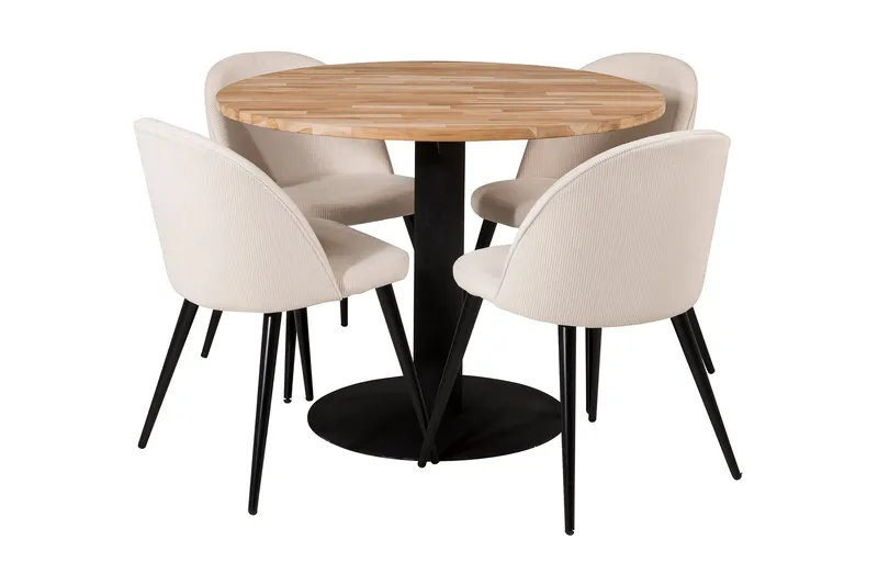 Ruokailuryhmä Laura 100 cm Pyöreä 4 Chantor vakosamettituoli, Tiikki/Musta/Beige