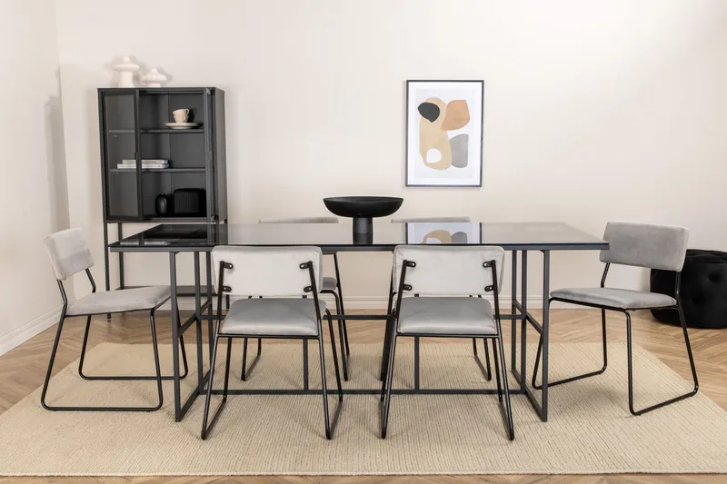 Ruokailuryhmä Leria 200 cm sis 6 Kenten samettituolia, Lasi/Musta/Vaaleanharmaa