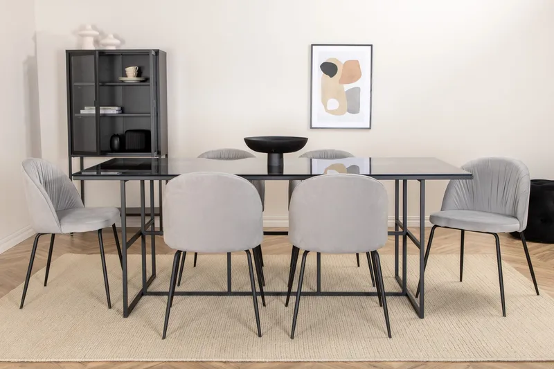 Ruokailuryhmä Leria 200 cm sis 6 Matanza tuolia, Lasi/Musta/Harmaa