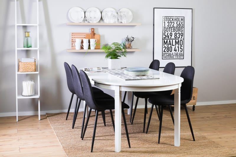 Ruokailuryhmä Lowisa Jatkettava 150 cm 6 Naira tuolia - Valkoinen/Musta - Huonekalut - Pöytä & ruokailuryhmä - Ruokailuryhmä