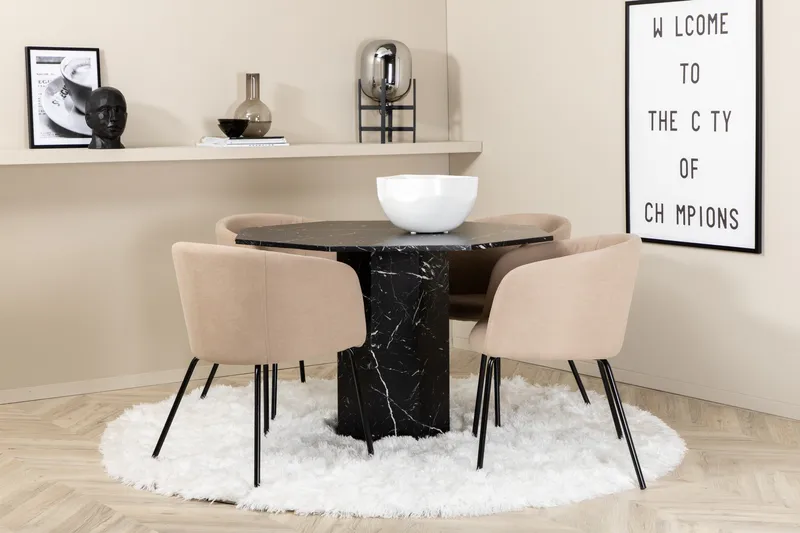 Ruokailuryhmä Marai 110 cm Pyöreä sis. 4 Beraid tuolia, Musta/Beige