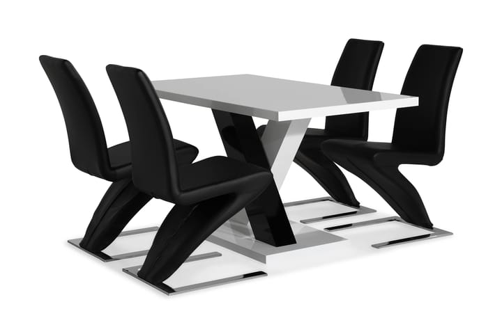 Ruokailuryhmä Mendoza 140 cm 4 Hugo tuolia - Valkoinen/Musta/Musta PU/Kromi - Ruokailuryhmä