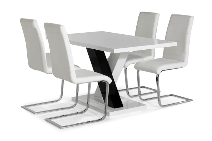 Ruokailuryhmä Mendoza 140 cm 4 Jack tuolia - Valkoinen/Musta/Musta PU/Kromi - Ruokailuryhmä
