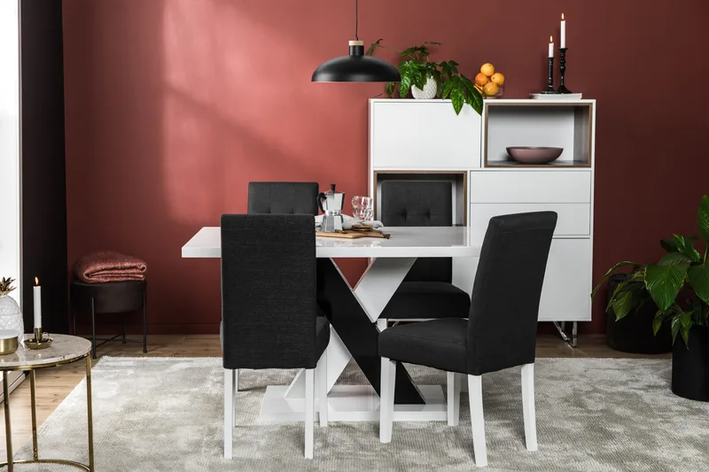 Ruokailuryhmä Mendoza 140 cm 4 Leo tuolia - Valkoinen/Musta/Musta PU - Huonekalut - Pöytä & ruokailuryhmä - Ruokailuryhmä